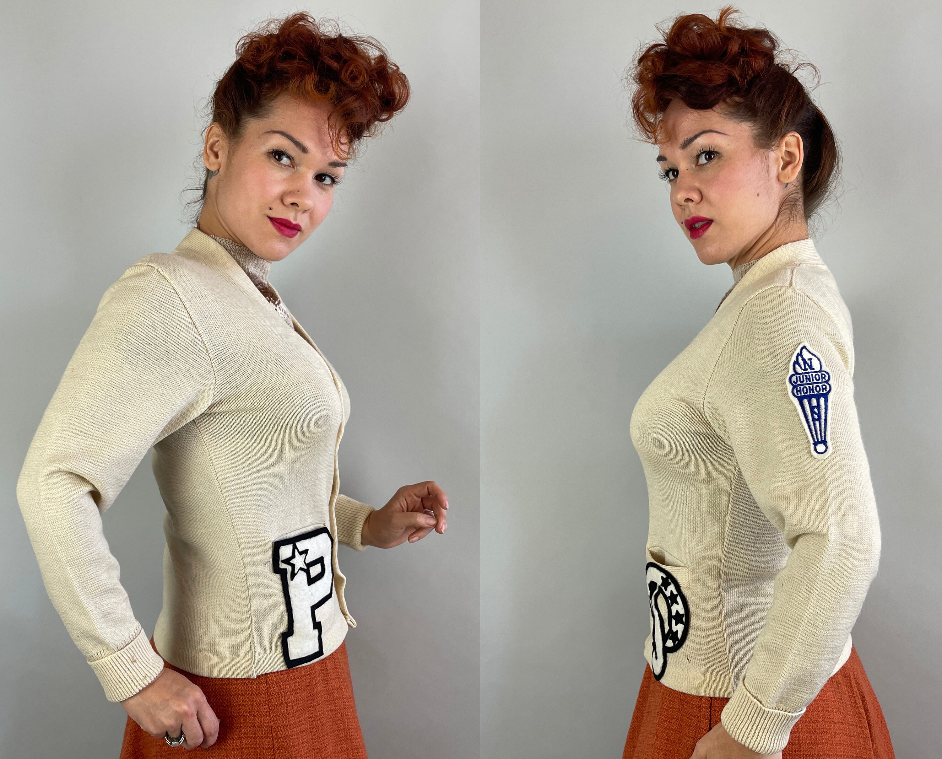 1950s Collegiate Cutie Cardigan | Vintage 50s Ivory White Wool Knit ...