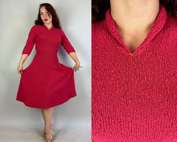 1950s Hottie in Hot Pink Knit Dress | Vintage 50s Bright Nubby Boucle Wool Sweater Frock with Full Skirt and Ribbed Waist | Small Medium