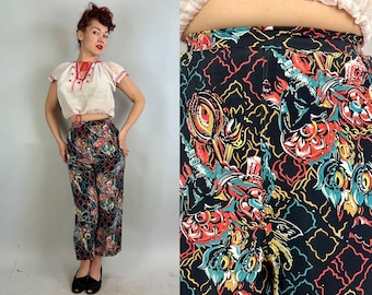 1940s Persian Palace Pants | Vintage 40s Tiki Tropical Print Cold Rayon Cropped Lounge Trousers in Black Turquoise Gold Red | Small