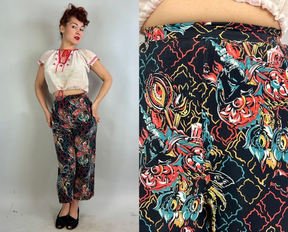 1940s Persian Palace Pants | Vintage 40s Tiki Tropical Print Cold Rayon Cropped Lounge Trousers in Black Turquoise Gold Red | Small