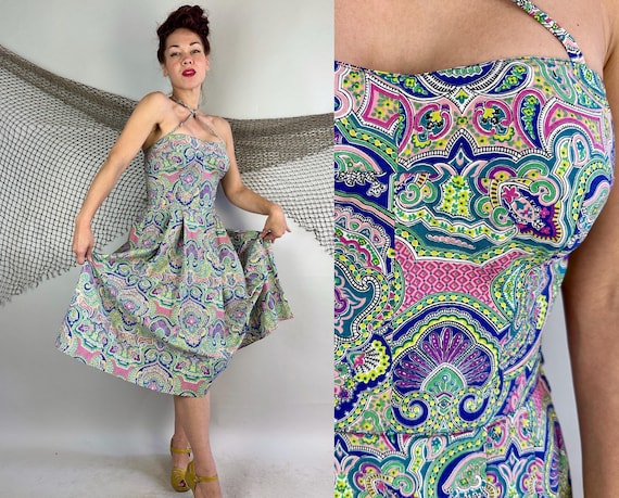 1950s Pretty in Paisley Sun Dress | Vintage 50s Green Pink Blue Yellow & Purple Eastern Influence Cotton Frock w/Covertable Halter | Medium