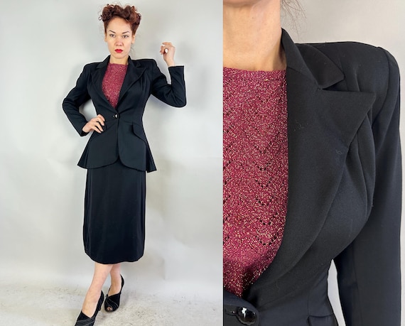 1940s Back in Black Suit | Vintage 40s Noir Wool Strong Shoulders Nipped Waist Single Button Peak Lapel Jacket and Pencil Skirt Set | Small