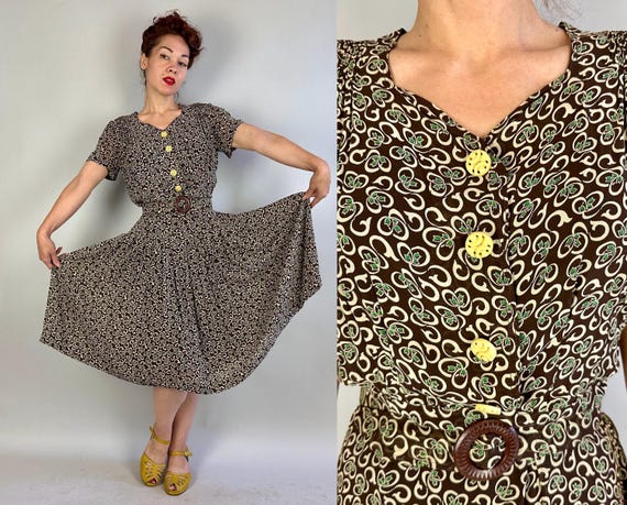 1930s Girl in Swirls Frock | Vintage 30s Brown Ivory and Green Vine & Blossom Rayon Chiffon Dress w/Yellow Buttons and Belt | Extra Large XL