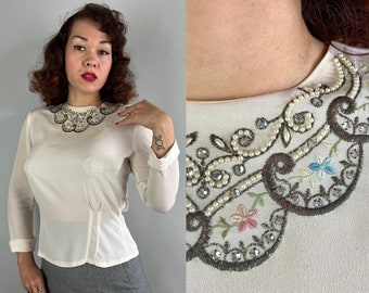 1940s Glamour Girl Blouse | Vintage 40s Cream White Rayon Crepe Top with Embroidery and Beading Rhinestones Pearls Flowers | Small