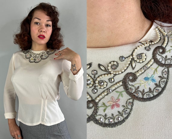1940s Glamour Girl Blouse | Vintage 40s Cream White Rayon Crepe Top with Embroidery and Beading Rhinestones Pearls Flowers | Small