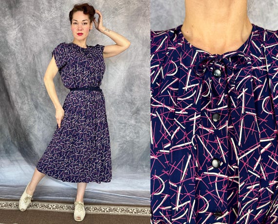 1940s Pleats-A-Plenty Party Dress | Vintage 40s Navy Blue with Pink and White Confetti Print Rayon Crepe Button Up Frock | Extra Large XL