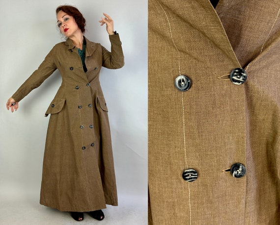 1800s Wild West Duster Coat | Vintage Antique Victorian Oak Brown Linen Double Breasted Jacket Frock Overcoat w/White Top Stitching | Small