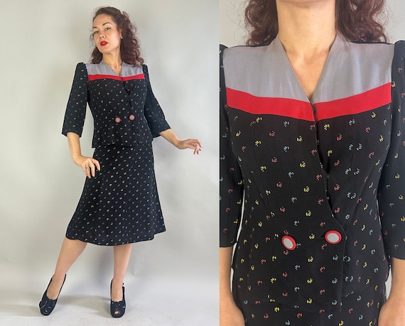 1930s Snazzy Two Piece Dress Set | Vintage 30s Black Rayon Crepe Grey and Red Color Block Puff Shoulder Blouse and Skirt Ensemble | Medium