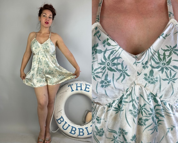 1930s Shimmering Starlet Swimsuit | Vintage 30s Pearl White Blue Floral Rayon Satin 1 Piece Bathing Suit with Open Back | Small Medium Large