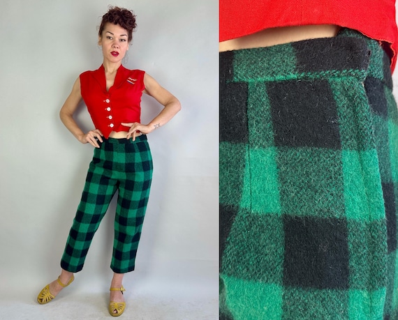 1950s Princess of the Pines Plaid Pants | Vintage 50s Green and Black Wool Flannel Side Zip Cigarette Trousers w/Quilted Lining | Medium