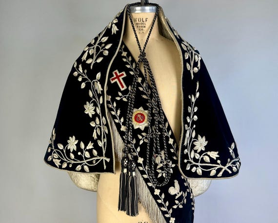 1900s Defend The Divine Mantle & Sash | Antique Black Velvet Green Silk w/Ornate Silver Embellishments Knights Templar Ceremonial Garb Cape
