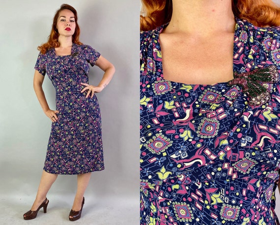 1940s Novelty Print Frock | Vintage 40s Blue Rayon Day Party Dress with Chartreuse, Magenta and Ultra Marine Blue Print Day Dress | Small