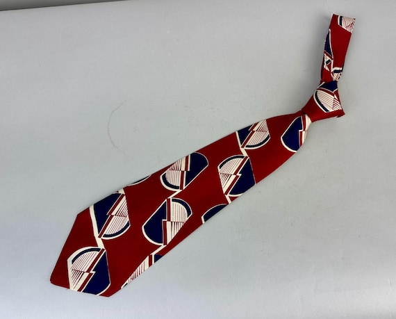1940s Graphic Gary Necktie | Vintage 40s Crimson Red Silk Self Tie Cravat by with Navy Blue and White Cut Off Circles and Zig Zag Stripes