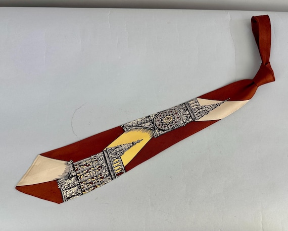 1940s Architectural Digest Necktie | Vintage 40s Brown Yellow Black & White Gothic Cathedral Print Silk Self Tie Cravat by "Hollyvogue"