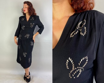 1940s Ravishing Rabbits Dress | Vintage 40s Black Rayon Crepe Cocktail Frock LBD with Silver Studs Padded Shoulders and Peplum | Large