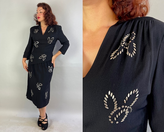 1940s Ravishing Rabbits Dress | Vintage 40s Black Rayon Crepe Cocktail Frock LBD with Silver Studs Padded Shoulders and Peplum | Large