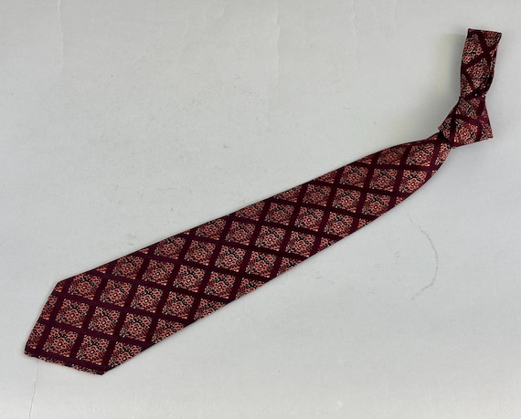 1930s Stained Glass Necktie | Vintage 30s Maroon Red and Gold Florals in Diamond Windowpane Squares Silk Jacquard Self Tie Cravat