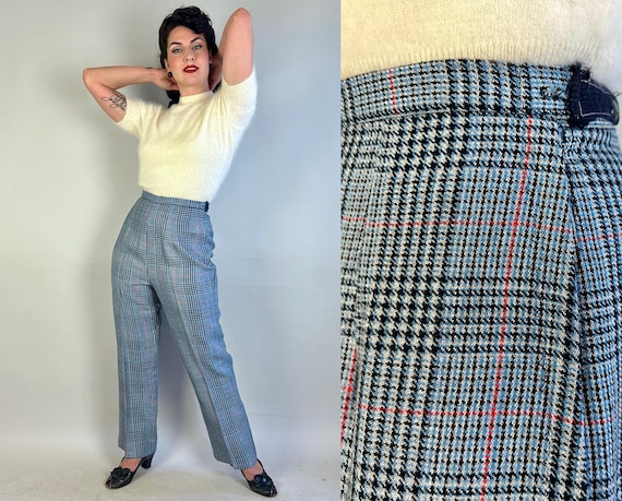 1950s Pinup in Plaid Pants | Vintage 40s Blue Black Grey and Red Wool Prince of Wales Check Side Zip High Waist Trousers | Large