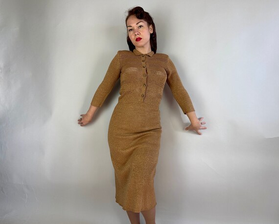 1940s Lurex Love Knit Dress | Vintage 40s Gold Sh… - image 4