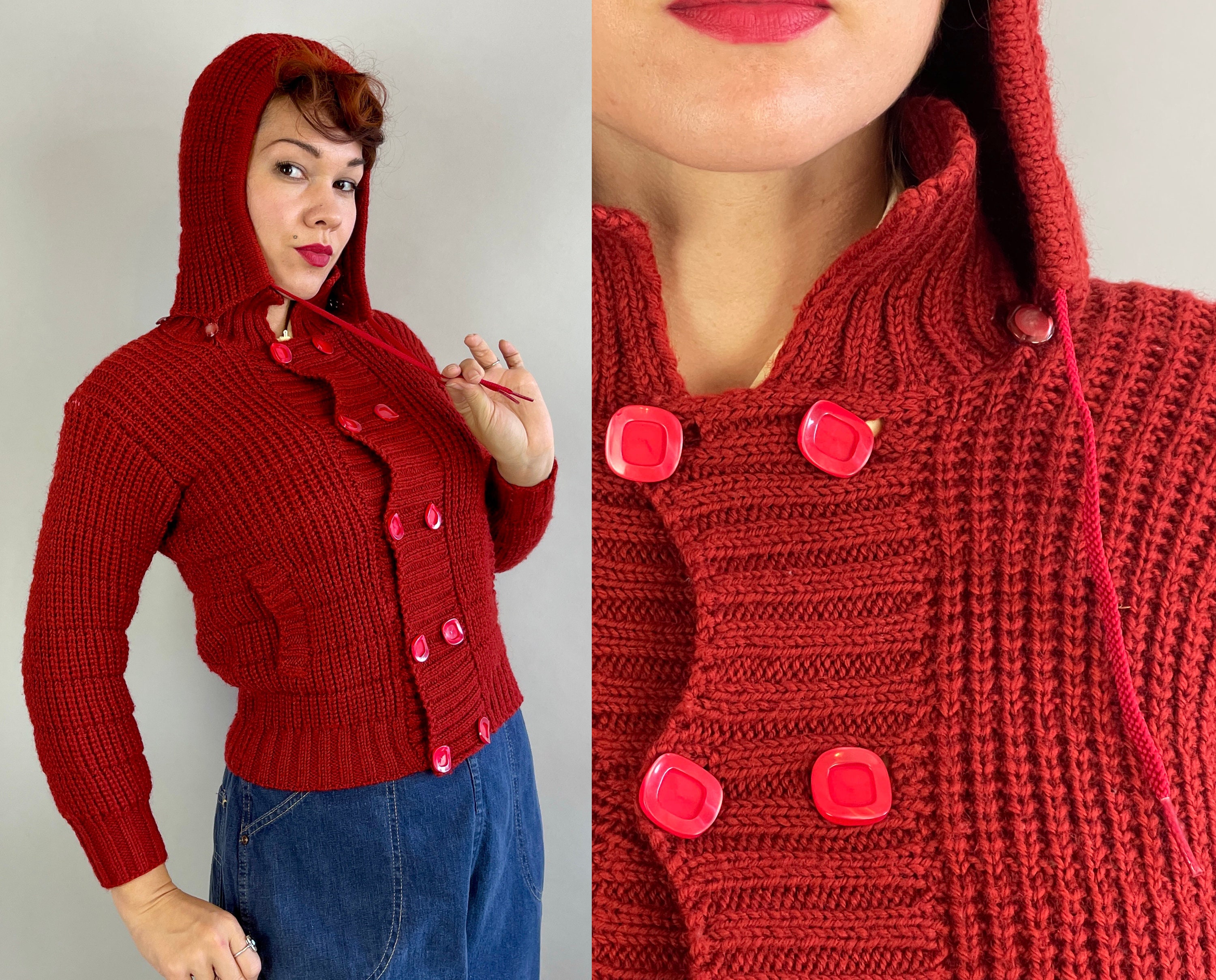 1940s Red Riding Hood Cardigan Vintage 40s Paprika Red Wool Double Breasted Button Knit Sweater Jacket w/Detachable Hood Small Medium