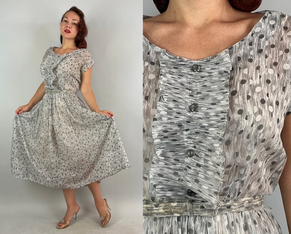 1940s Dashing Dots Dress | Vintage 40s Grey and White Polka Dot Pencil Shading Rayon Chiffon Frock with Belt and Ruffles | Extra Large XL