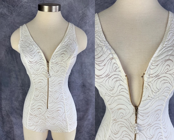 1960s Swirls in the Pearls Swimsuit | Vintage 60s White Bathing Suit w/Swirled Nude Illusion & Scandalous Zip Front | Extra Small XS Small