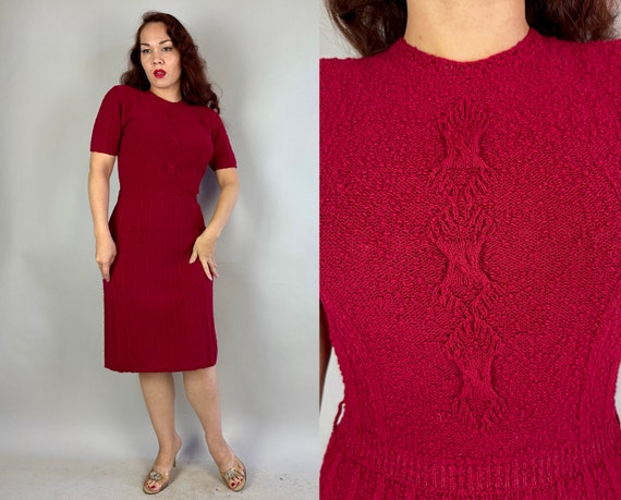 1950s Cabled in Cranberry Knit Dress | Vintage 50s Red Boucle Wool Knit Frock with Cable Stitch Decoration & Ribbing | Small Medium Large