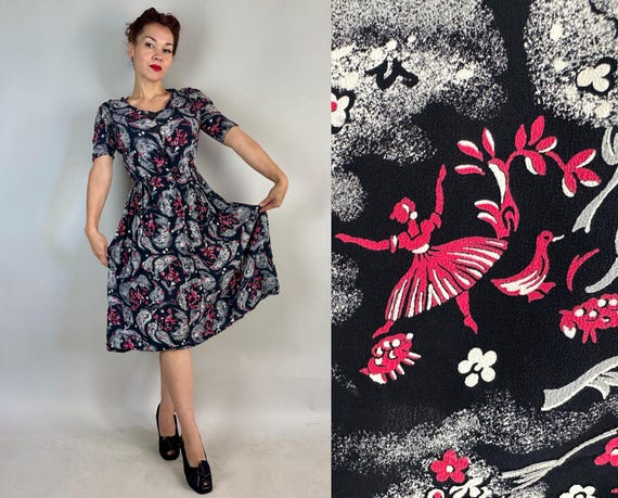 1940s Dancers Delight Dress | Vintage 40s Black Pink White and Grey Ballerina and Musicians Novelty Print Rayon Crepe Day Frock | Medium