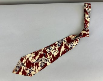 1940s On The Hunt! Necktie | Vintage 40s Maroon Red White and Grey Duck Bird Theme Silk Self Tie by "Cohama California Swagger" of Hollywood