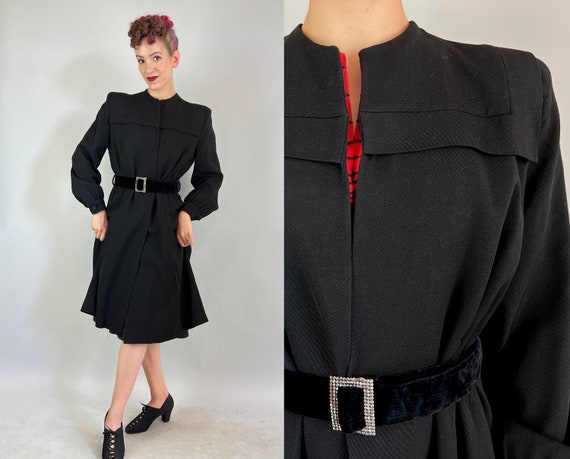 1940s Rachel's Ravishing Bold Shoulder Coat | Vintage 40s Black Wool Gabardine Square Shoulder Jacket w/Waist Darts and Velvet Belt | Medium