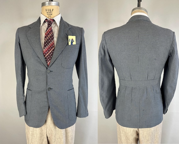 1930s Handsome Houndstooth Belted Back Jacket | Vintage 30s Slate Blue and Grey Check Weave Wool Pleated Blazer w/ NRA Label | Size 36 Small