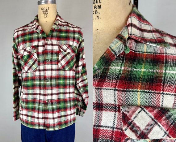 1940s Toasty Campfire Shirt | Vintage 40s White Red Green and Yellow Plaid Flannel Top Loop Square Cut Camp Shirt | Size 15.5 Medium