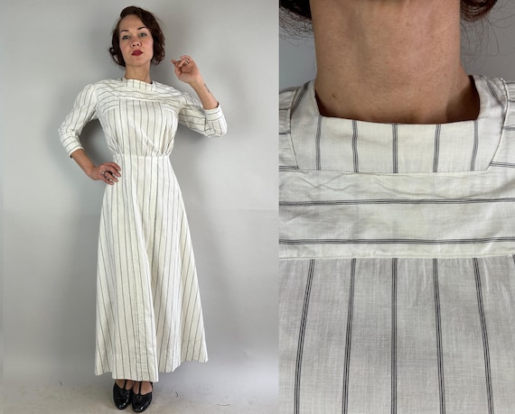 1910s Take me Out To The Ballgame Dress | Vintage Antique Teens White Cotton w/Black Sporting Stripes Button Back Gown | Extra Small XS