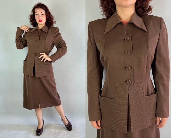 1940s Dashing Coffee Date Suit | Vintage 40s Brown Wool Gabardine Two Piece Set with Structured Ribbed Blazer Jacket and Skirt | Medium