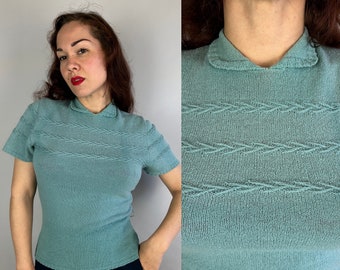 1950s Sultry Sweater Girl Blouse | Vintage 50s Robin's Egg Blue Wool Knit Shirt Top Pullover with Cable Stripes and High Neck | Small Medium