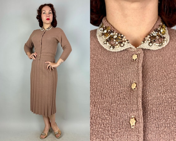 1950s Beaded Beauty Knit Dress Set | Vintage 50s Taupe Wool Boucle Cardigan and Skirt with Pearls Rhinestones and Beads | Small Medium Large
