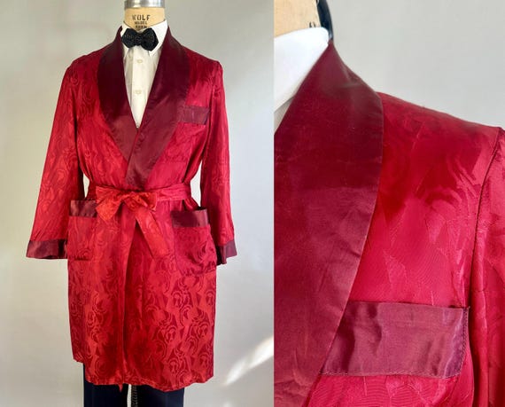 1940s Romantic Rose Dressing Robe | Vintage 40s Red Rayon Satin Tone on Tone Deco Geometric Floral Pattern Smoking Jacket | Medium