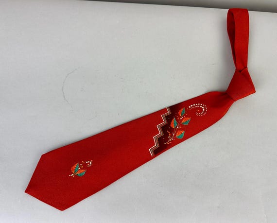 1940s Autumn Spice Necktie | Vintage 40s Deep Orange Silk Crepe Self Tie w/Hand Painted Vine Leaves in Turquoise Gold Yellow and White