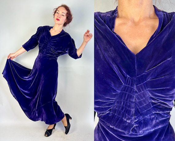 1940s Grand Grape Gala Gown | Vintage 40s Purple Silk Velvet Dress with Puff Sleeves Smocking and Deco Dart Pleating | Extra Large XL