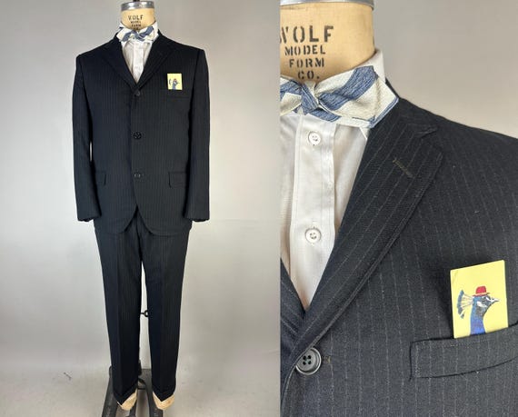 1950s Debonair Don Suit | Vintage 50s Charcoal Black with White Pinstripes Wool Two Piece Jacket and Trousers Set | Size 40 Medium