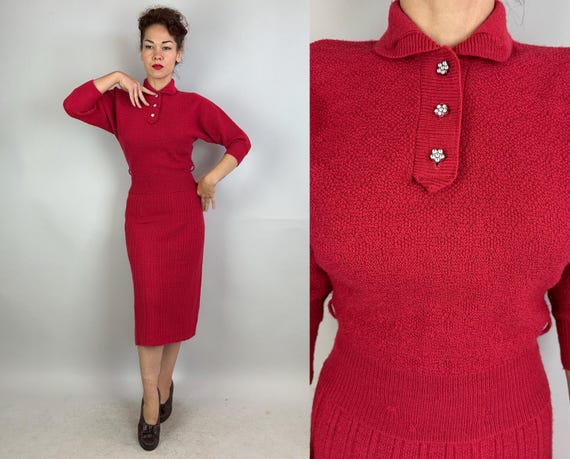 1950s Curvy Cutie Knit Ensemble | Vintage 50s Hot Pink Textured Wool Knitwear Sweater with Rhinestones and Skirt Set | Small Medium Large
