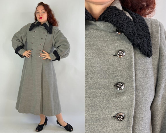 1940s Winter Wonderland Coat | Vintage 40s Grey Wool Full Skirt Overcoat w/Black Curly Lamb Fur Collar and Flashy Carved Buttons | Medium