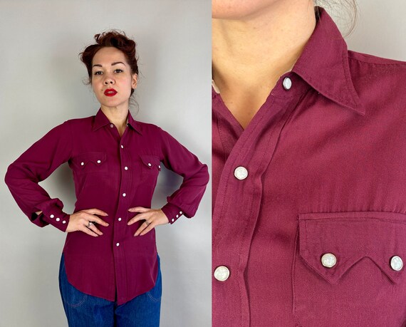 1940s Home on the Ranch Shirt | Vintage 40s Plum Wool Gabardine Western White Pearl Snap Up Blouse Top with Pointed Flap Pockets | Small