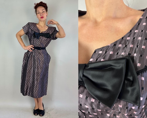 1950s Sassy Shining Dress | Vintage 50s Grey Pink & Black Metallic Taffeta Check Frock with Rhinestones Big Bow and Pockets | Extra Large XL