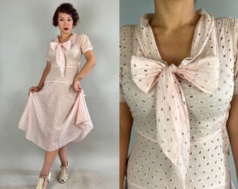 1930s Summer Sweetie Dress | Vintage 30s Semi Sheer Palest Pink Cotton Eyelet Embroidered Day Picnic Gown with Puff Sleeves | Small