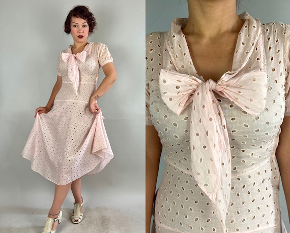 1930s Summer Sweetie Dress | Vintage 30s Semi Sheer Palest Pink Cotton Eyelet Embroidered Day Picnic Gown with Puff Sleeves | Small