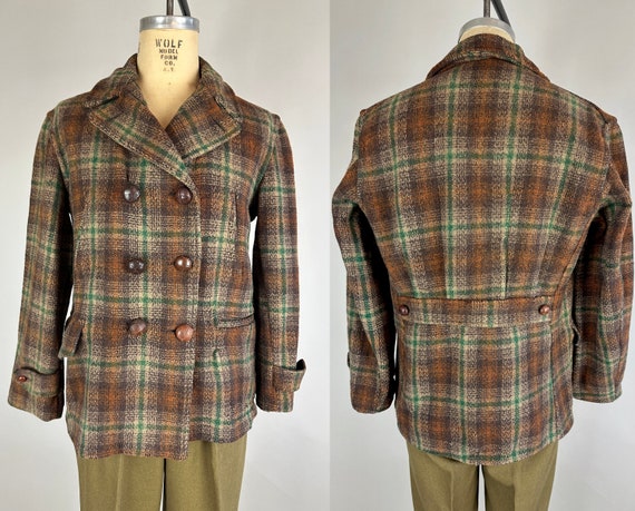 1930s Mack's Marvelous Mackinaw | Vintage 30s Belted Back Hickory Brown Green Orange Plaid Double Breasted Barnstormer Jacket Coat | Large