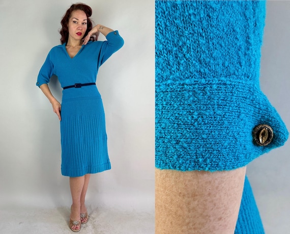 1950s Electrifying Form Knit Dress | Vintage 50s Electric Blue Boucle Wool Knitwear Frock w/Deep Neck & Ribbed Stripes | Small Medium Large