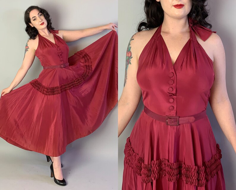 Medium Vintage 40s Merlot Rayon Taffeta Cocktail Party Frock wHalter Neck Bow /& Belt by Goth\u00e9 1940s Intoxicating Isabel Designer Dress