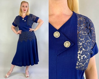 1940s Cara's Cobalt Dress | Vintage 40s Blue Wool Frock w/Sheer Lace Panels & Decretive Rhinestone Buttons | Large/Extra Large XL